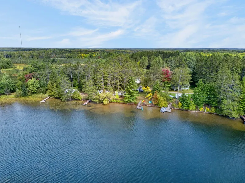 Aerial view of the house and shore